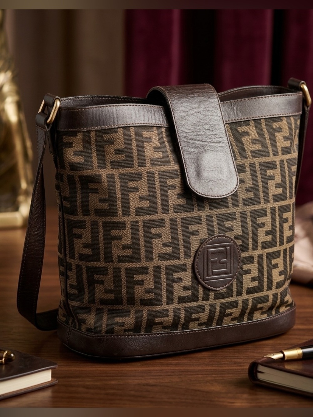 Fendi Brown Monogram Zucca Canvas Messenger Bag with Dark Brown Leather Trim